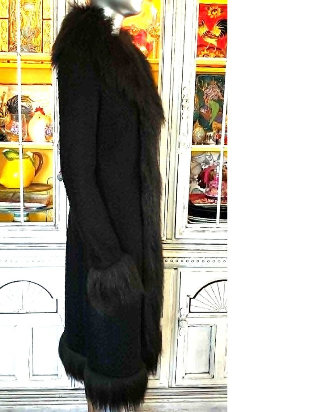 Vintage Betsey Johnson New York 90s Black Faux Fur Long Midi Duster Coat Jacket - Picture 8 of 16